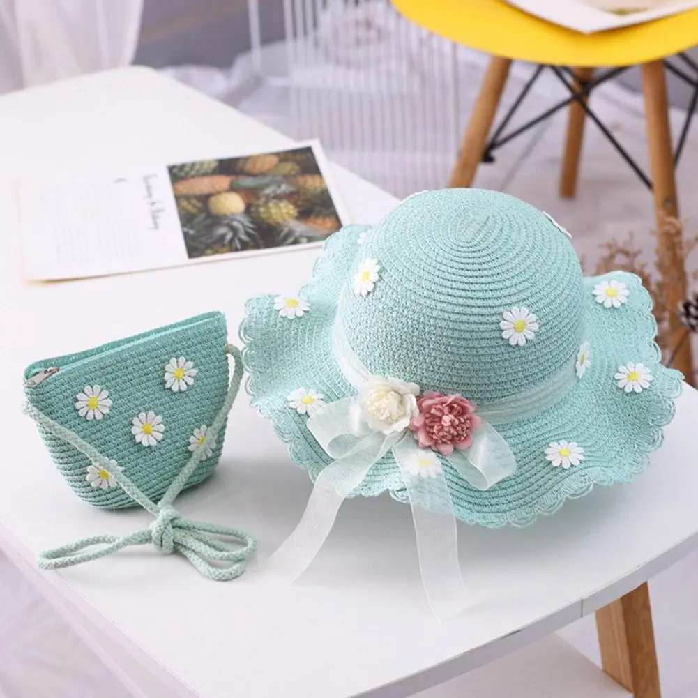 Fashion Summe Girl kids Cute Straw Hat +Handbag Sets Child Baby Outdoor Holiday Beach Hat Bags Set Flower Sun Cap Panama