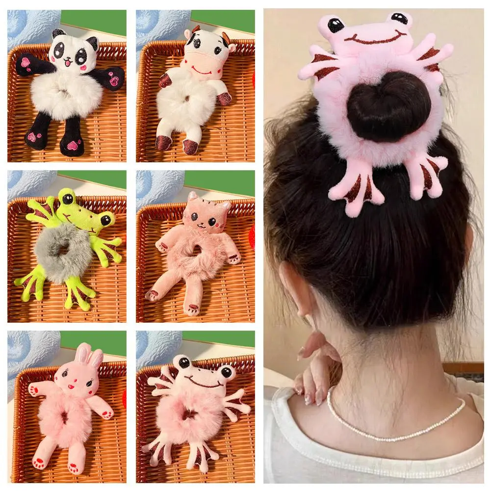 Women Girls Cute Cartoon Panda Hair Scrunchies Bear Cat Rabbit Plush Elastic Hair Bands Sweet Ponytail Hair Ties Accessories