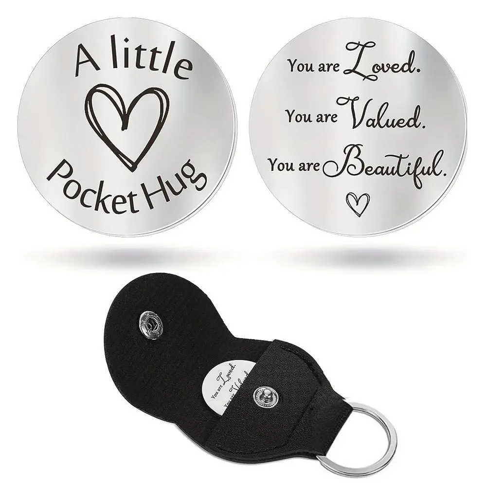 Pocket Hug Keychain Steel Double Sided Tokens With PU Leather Keychains Long Distance Relationship Keepsake Gift