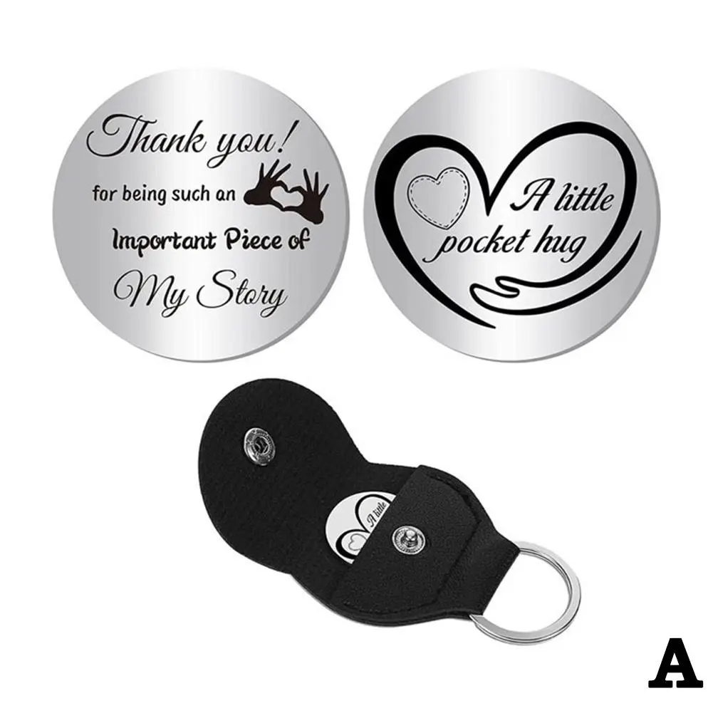 Pocket Hug Keychain Steel Double Sided Tokens With PU Leather Keychains Long Distance Relationship Keepsake Gift