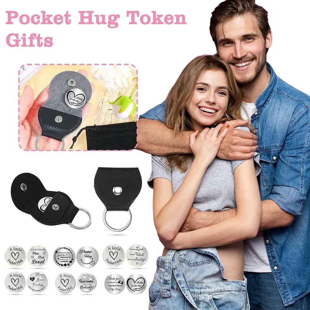 Pocket Hug Keychain Steel Double Sided Tokens With PU Leather Keychains Long Distance Relationship Keepsake Gift