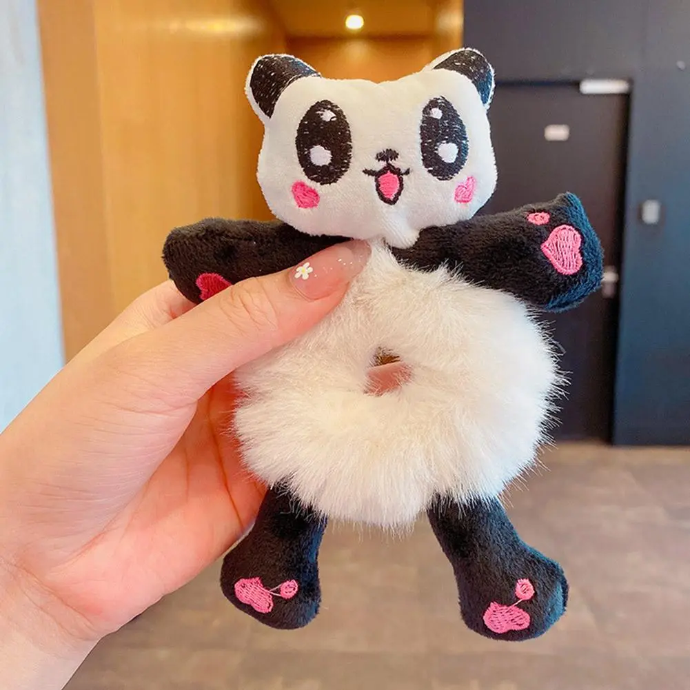 Women Girls Cute Cartoon Panda Hair Scrunchies Bear Cat Rabbit Plush Elastic Hair Bands Sweet Ponytail Hair Ties Accessories
