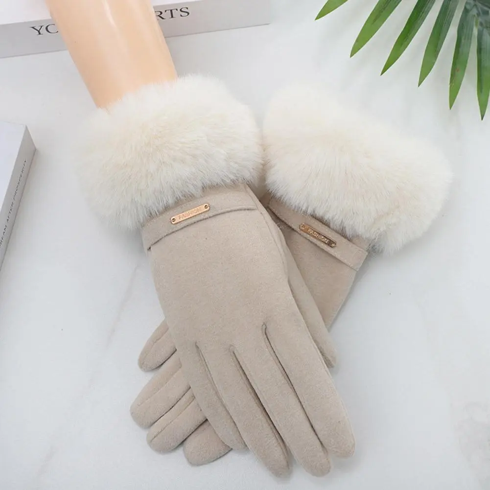 Winter Women Keep Warm Plus Velvet Touch Screen Thicken Plush Wrist Suede Gloves Fashion Personality Elegant Drive Cycling