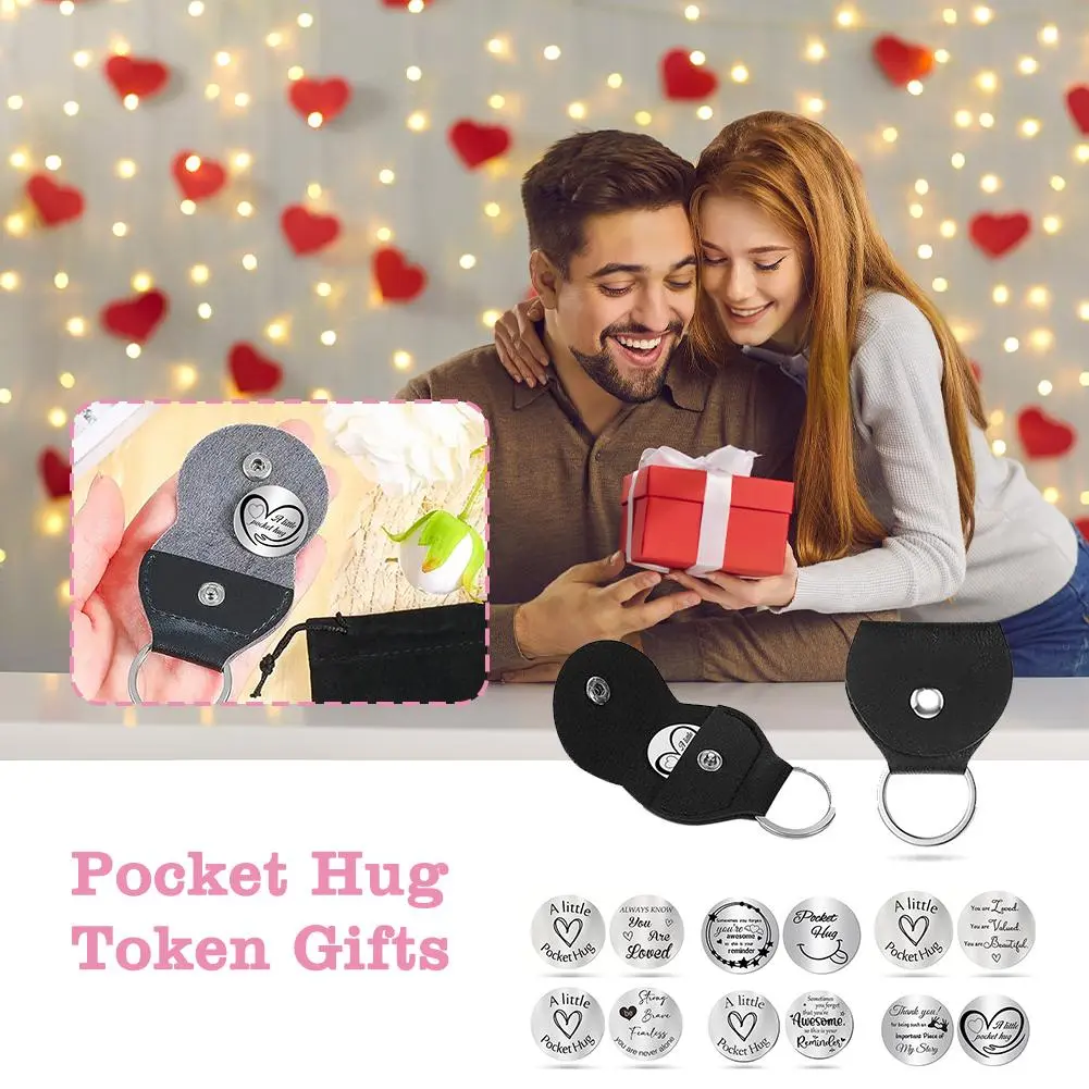 Pocket Hug Keychain Steel Double Sided Tokens With PU Leather Keychains Long Distance Relationship Keepsake Gift