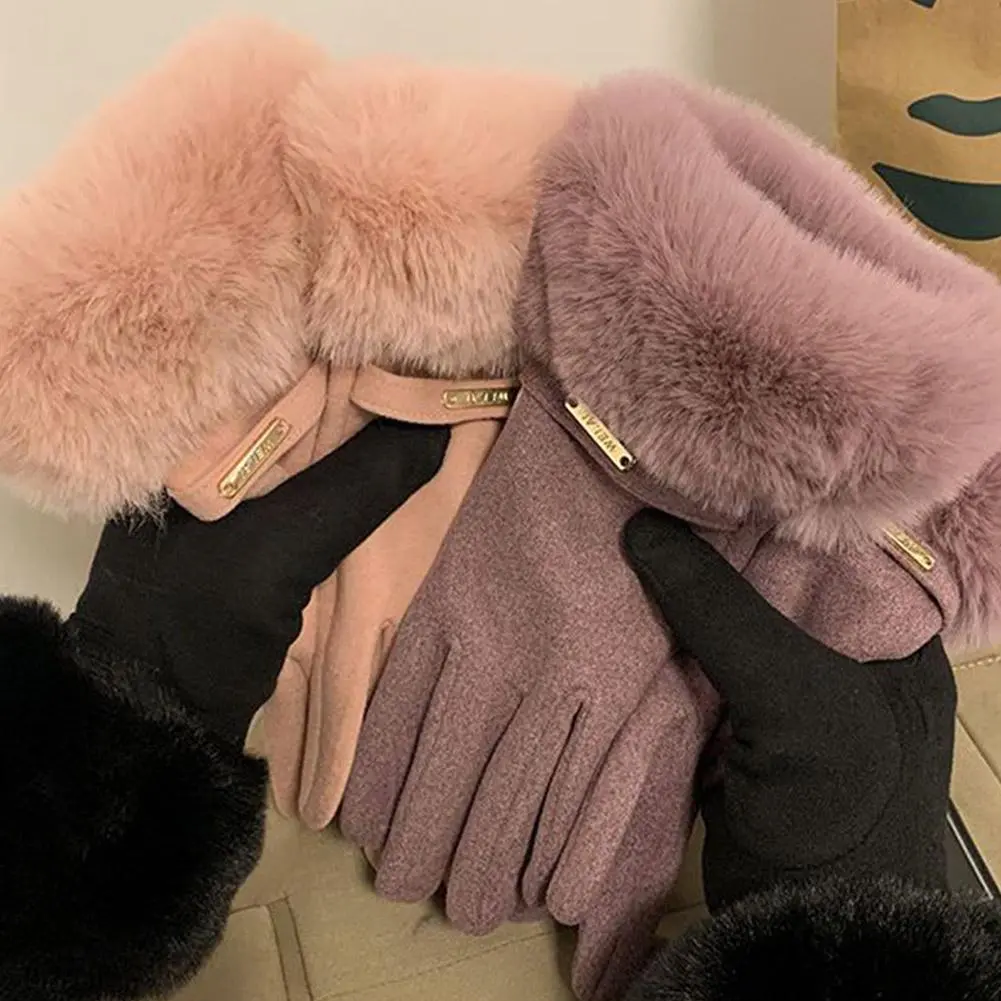 Winter Women Keep Warm Plus Velvet Touch Screen Thicken Plush Wrist Suede Gloves Fashion Personality Elegant Drive Cycling