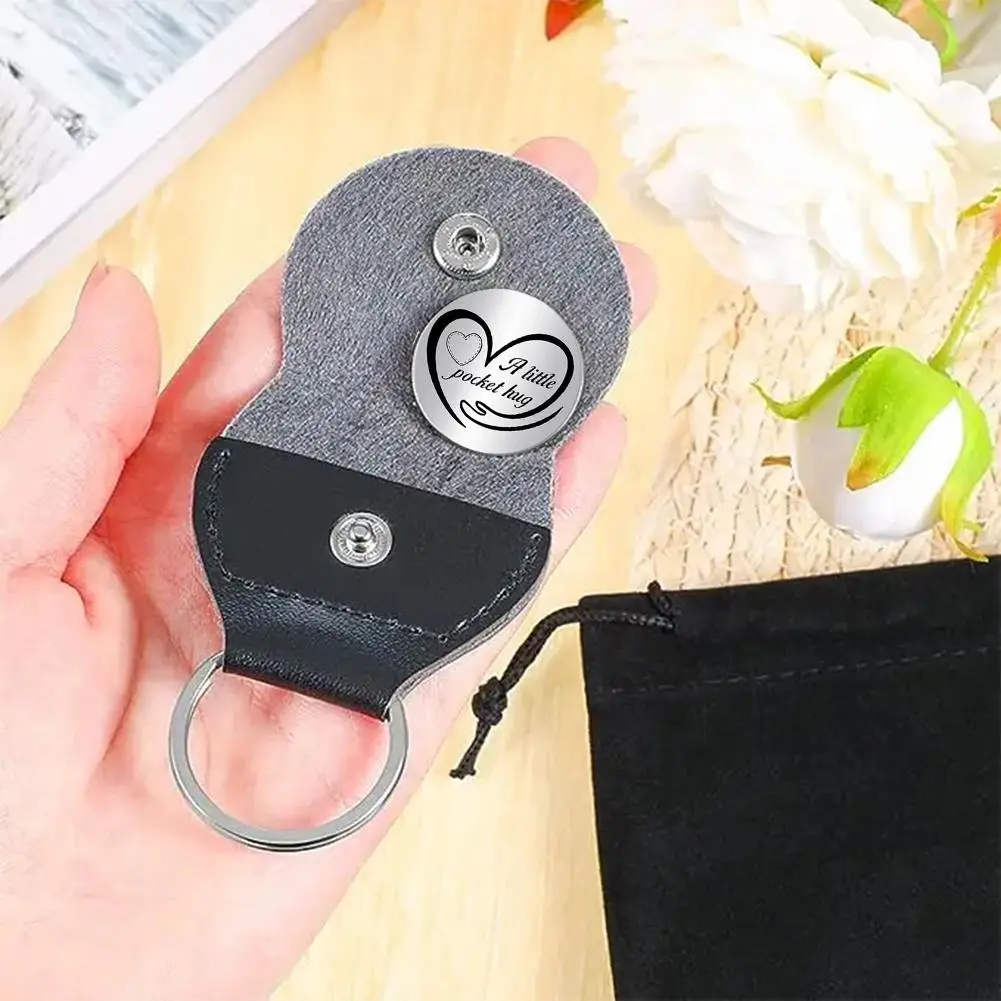 Pocket Hug Keychain Steel Double Sided Tokens With PU Leather Keychains Long Distance Relationship Keepsake Gift