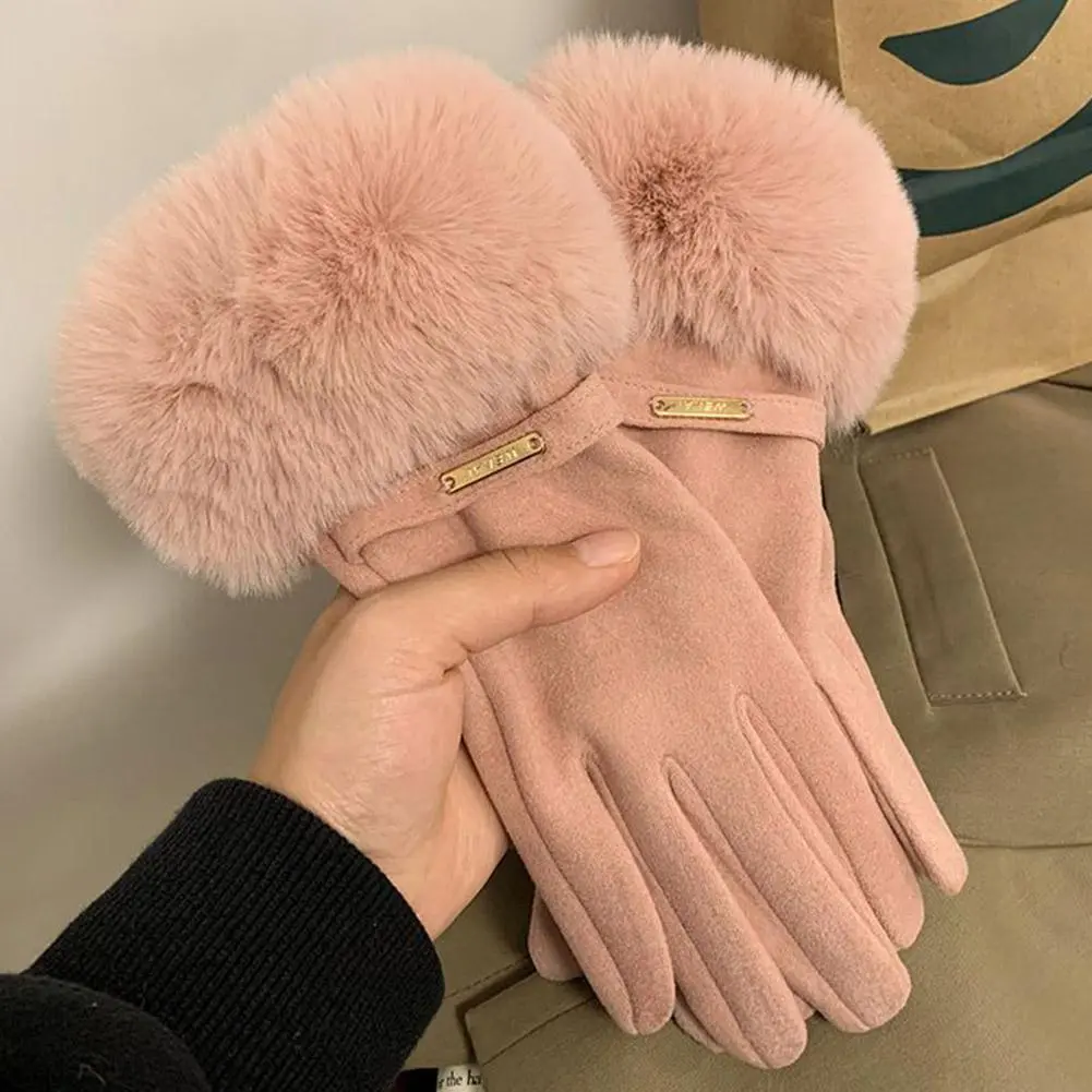Winter Women Keep Warm Plus Velvet Touch Screen Thicken Plush Wrist Suede Gloves Fashion Personality Elegant Drive Cycling