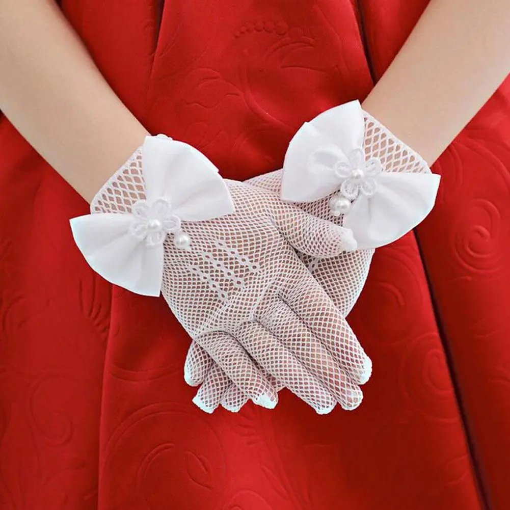 Mesh Bow Glove Dress Accessories Children Gloves Princess Boy Gloves Princess White Kid Cream Lace Fishnet Gloves Ceremony Parts