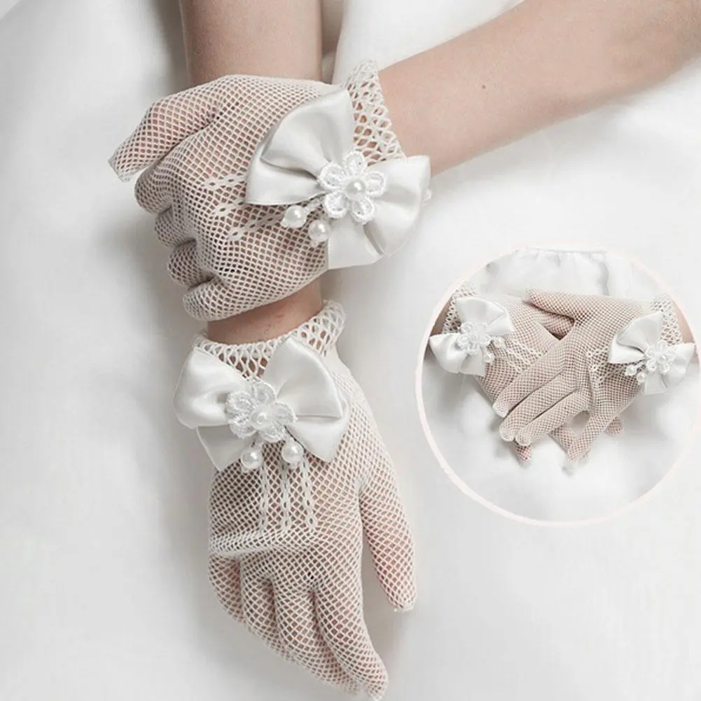 Mesh Bow Glove Dress Accessories Children Gloves Princess Boy Gloves Princess White Kid Cream Lace Fishnet Gloves Ceremony Parts