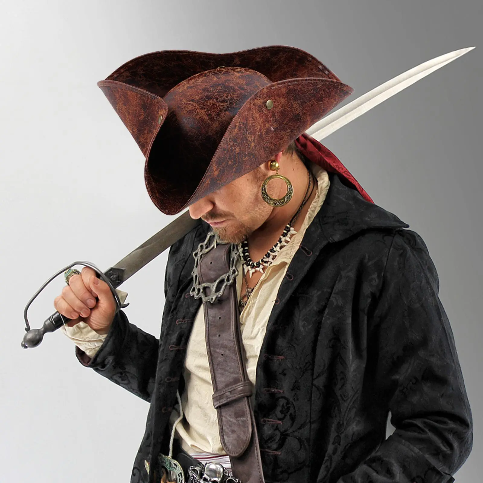 Brown Faux Leather Pirate Hat Masquerade Party Costume Accessories for Women Men Halloween Pirate Cosplay Prop Hats