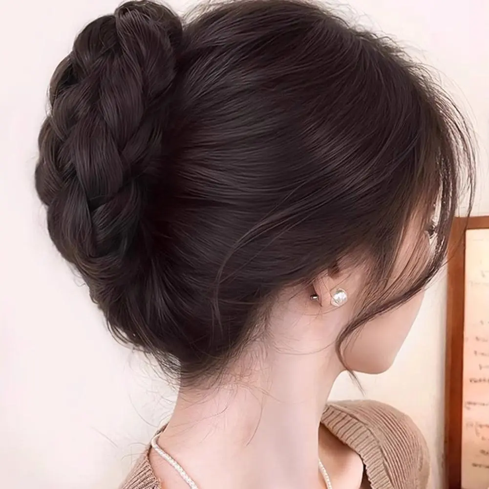 Synthetic Fried Dough Twists Pill Head Bun Female Grab Clip Flower Bud Head Fluffy Dished Hair Back Head Wig Bag For Women Y5Y5