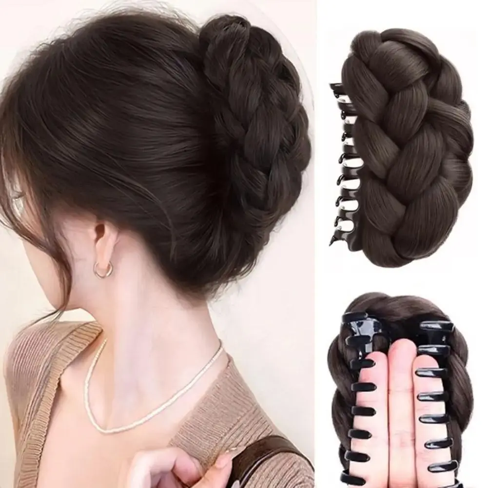Synthetic Fried Dough Twists Pill Head Bun Female Grab Clip Flower Bud Head Fluffy Dished Hair Back Head Wig Bag For Women Y5Y5