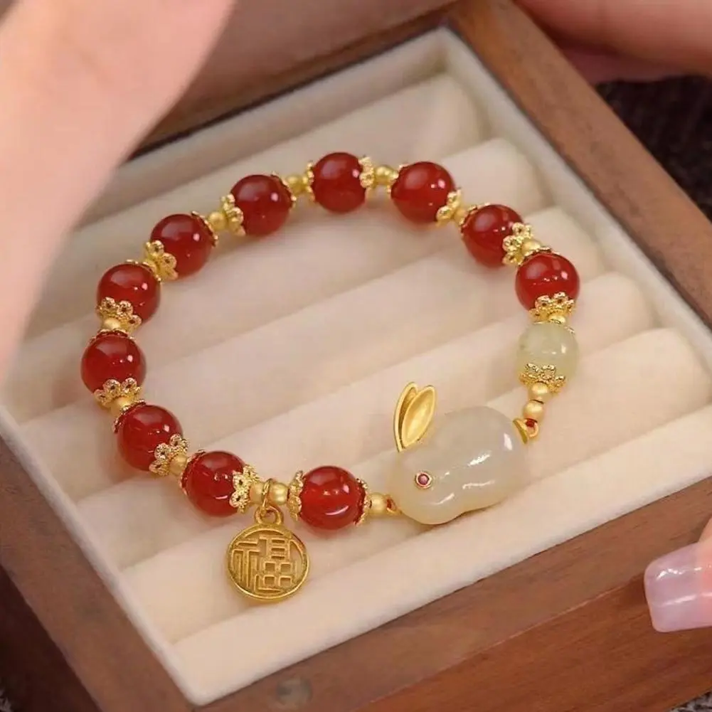 New Year Lucky Rabbit Beaded Bracelet For Women Elegant Red Beads Fu Letter Charm Bracelet Chinese Jewelry Festive Gifts