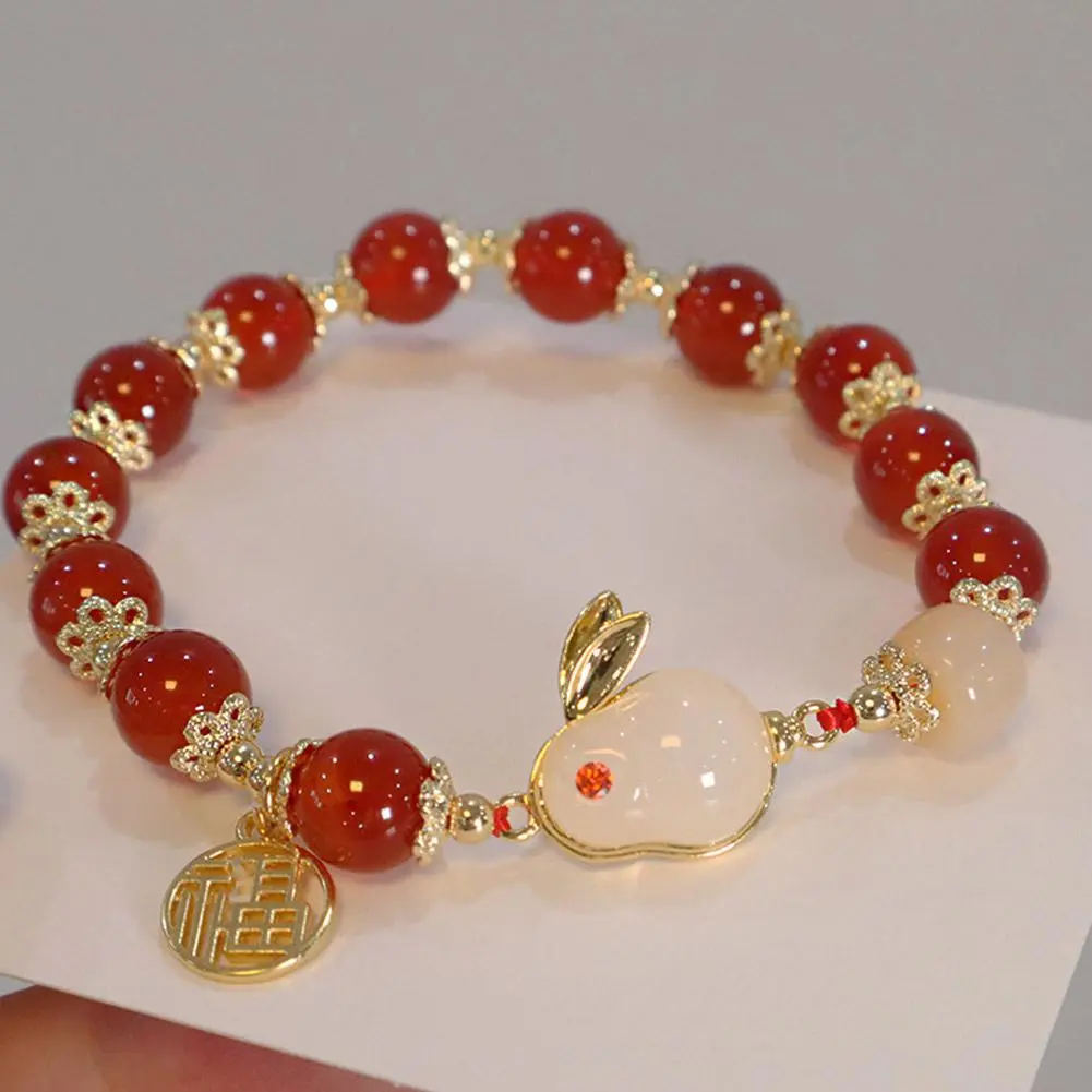 New Year Lucky Rabbit Beaded Bracelet For Women Elegant Red Beads Fu Letter Charm Bracelet Chinese Jewelry Festive Gifts