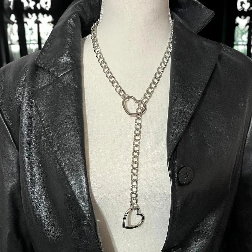 Womens Heart O Slip Chain Necklace Punk Rock Personality Cuban Long Clavicular Chain Jewelry Adjustable Lariat Y-Necklace