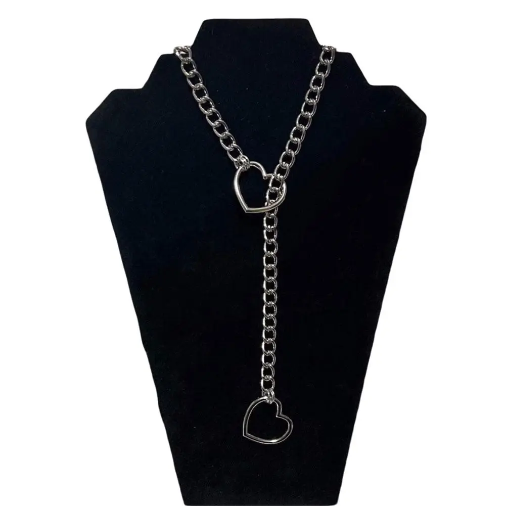 Womens Heart O Slip Chain Necklace Punk Rock Personality Cuban Long Clavicular Chain Jewelry Adjustable Lariat Y-Necklace