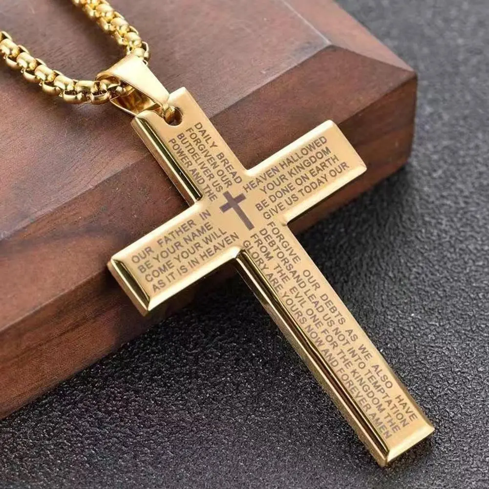 Christian Bible Cross Chain Necklace Steel Big Pendant Necklace Men's Religious Prayer Jewelry Corrente Masculina