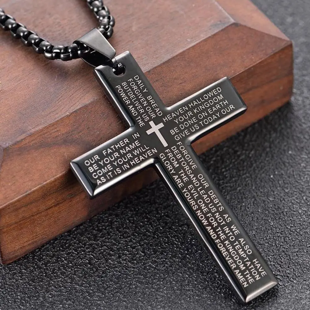 Christian Bible Cross Chain Necklace Steel Big Pendant Necklace Men's Religious Prayer Jewelry Corrente Masculina