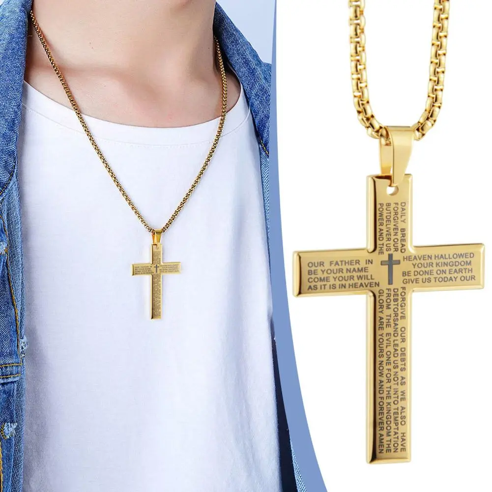 Christian Bible Cross Chain Necklace Steel Big Pendant Necklace Men's Religious Prayer Jewelry Corrente Masculina