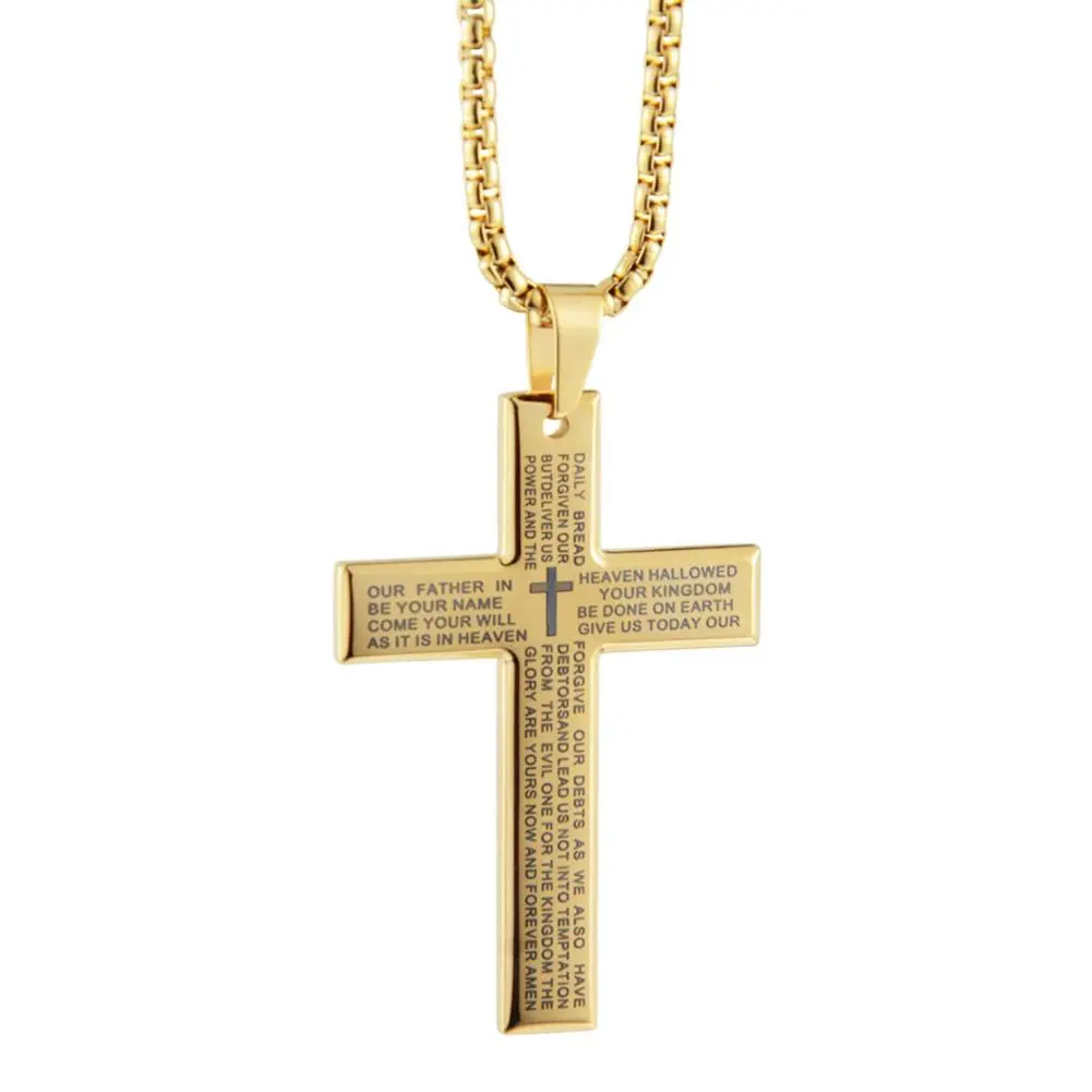 Christian Bible Cross Chain Necklace Steel Big Pendant Necklace Men's Religious Prayer Jewelry Corrente Masculina