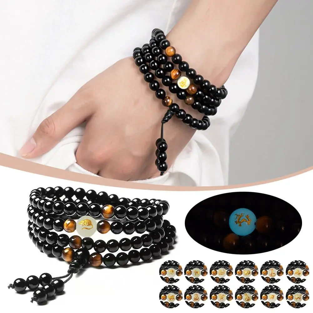 Chinese Women's Bracelet Fashion Obsidian 108 Glow-in-the Couples Accessories Dark Buddha Bracelet Decorative Beads U8Q6