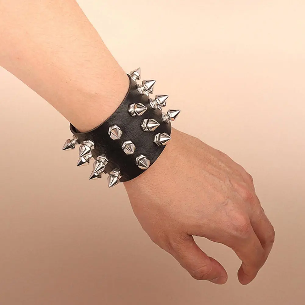 Punk Leather Spike Rivet Bracelets Set Faux Studded Cuff Bangle Goth Black Wristband Strap for Men Women Biker Halloween Party