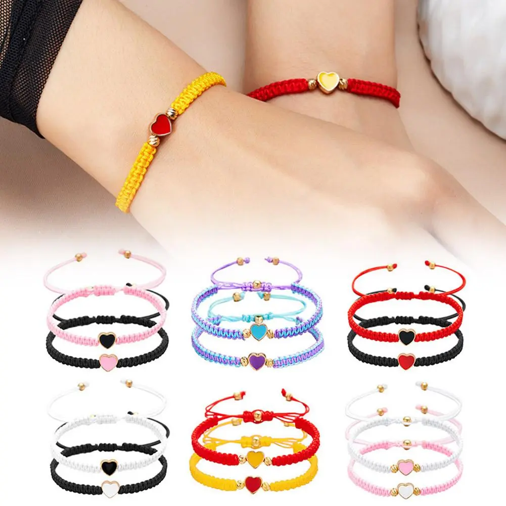 2Pcs Woven Bracelet Heart Love Couple Braided Bracelet Black White Heart-Shaped Beaded Personalized Jewelry Accessories