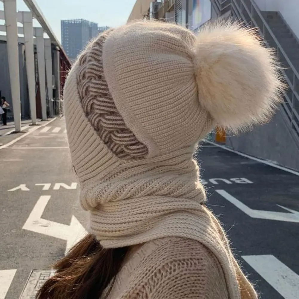 Winter Womens Knitted Hat Double Warm Padded Thickened Hat Scarf One Wool Knitting Net Red Wind and Snow Beanies Hats