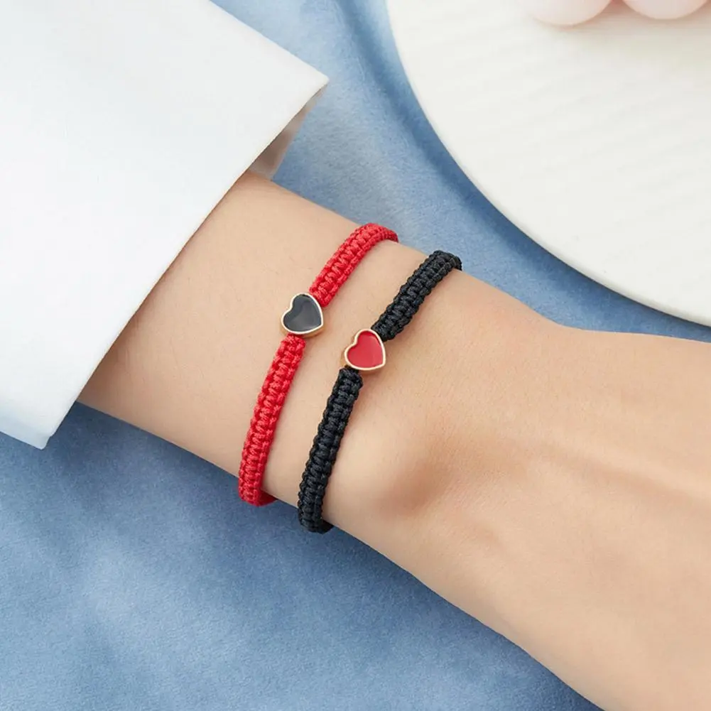 2Pcs Woven Bracelet Heart Love Couple Braided Bracelet Black White Heart-Shaped Beaded Personalized Jewelry Accessories