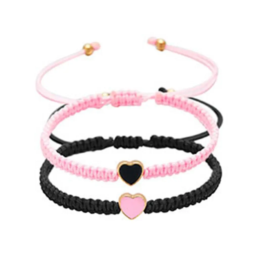 2Pcs Woven Bracelet Heart Love Couple Braided Bracelet Black White Heart-Shaped Beaded Personalized Jewelry Accessories