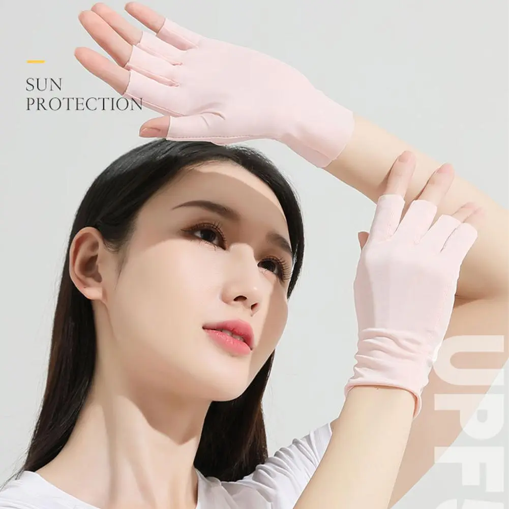 Summer Women's Cool Ice Silk Sun Protection Gloves Anti-UV Fingerless Gloves Half Fingers Sunscreen Breathable Driving Gloves