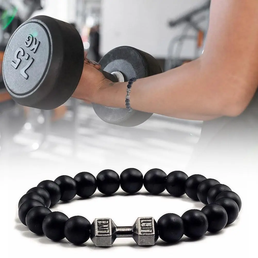 New Dumbbells Beaded Charm Bracelets For Men Women Natural Black Lava Stone Bangles Energy Yoga Fitness Barbell Jewelry Gifts
