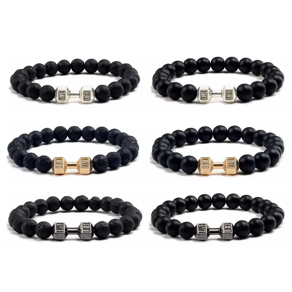 New Dumbbells Beaded Charm Bracelets For Men Women Natural Black Lava Stone Bangles Energy Yoga Fitness Barbell Jewelry Gifts