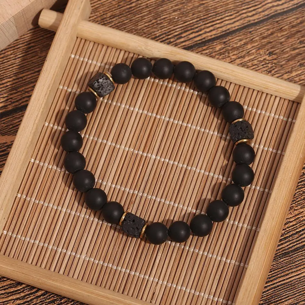 Block Volcanic Lava Stone Bracelet Men Black Classic Matte Obisidian Labradorite Bead Jewelry Women Birthday Gift for Boyfriend