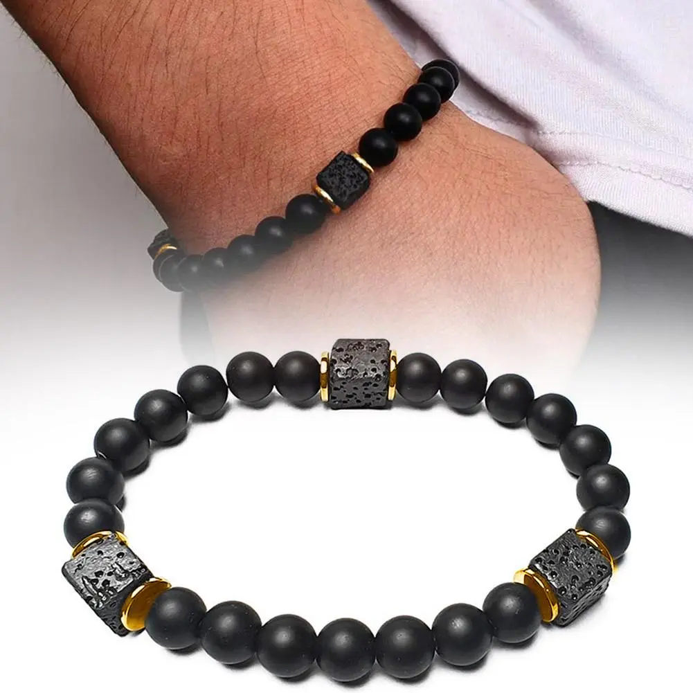 Block Volcanic Lava Stone Bracelet Men Black Classic Matte Obisidian Labradorite Bead Jewelry Women Birthday Gift for Boyfriend