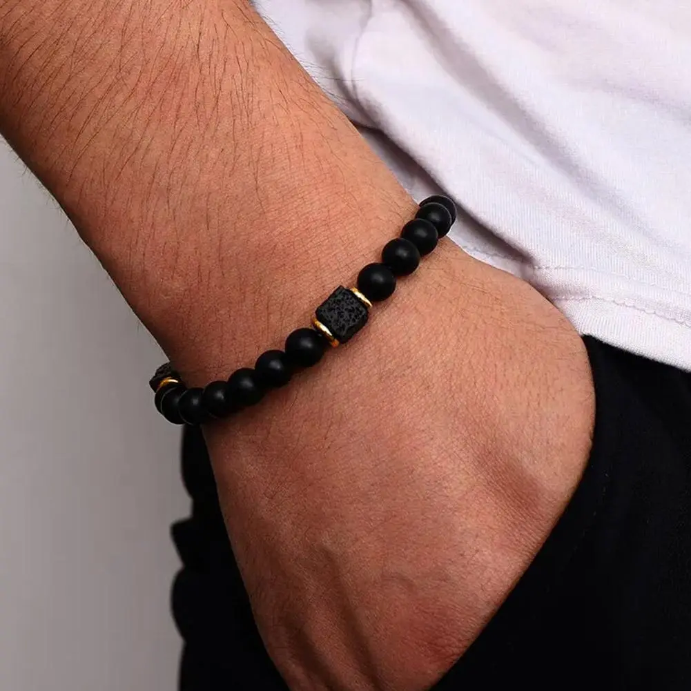 Block Volcanic Lava Stone Bracelet Men Black Classic Matte Obisidian Labradorite Bead Jewelry Women Birthday Gift for Boyfriend