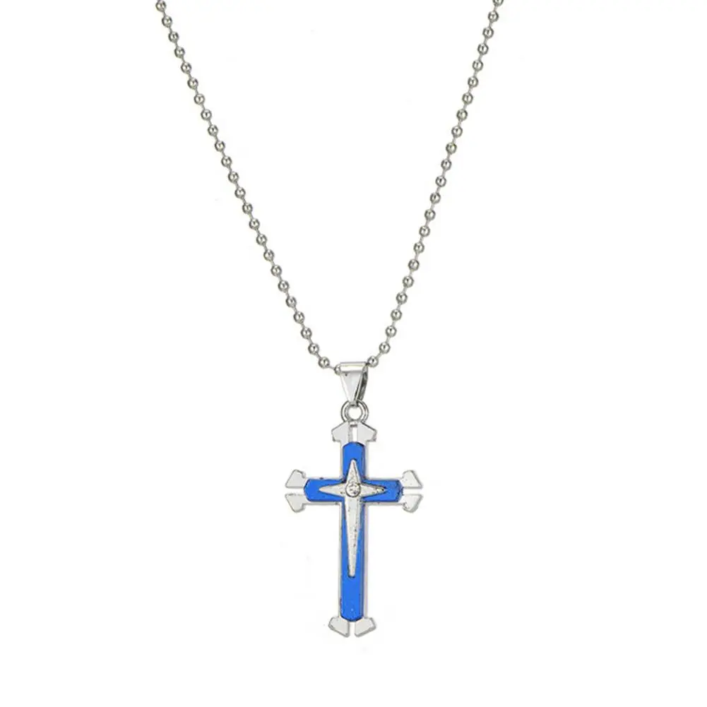 Vintage Crosses Pendant Necklace With Bead Chain Jewelry Necklace Blue Fashion Patterned Men Accessories Alloy Cross