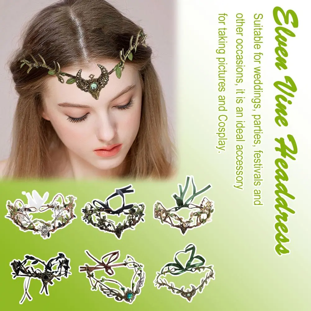 Elven Crown Elf Tiara Vine Headpiece Fairy Witch Diadema Gothic Headband Hair Woodland Bridal Wedding Accessories Dress Cro C5J8