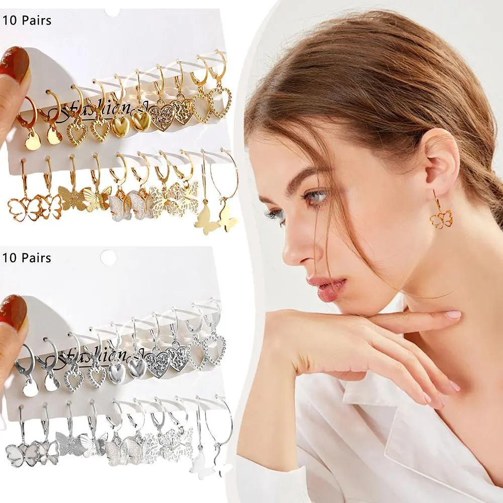 New Gold Color Butterfly Love Hoop Earrings Set New Creative Simple Heart Hollow Dangle Earring for Women Fashion Trendy Jewelry