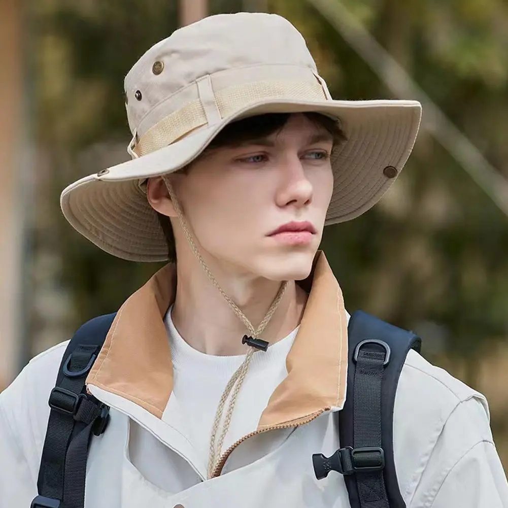 Summer Men Bucket Hat Outdoor UV Protection Wide Brim Panama Safari Hunting Hiking Hat Mesh Fisherman Hat Beach Sunscreen Cap