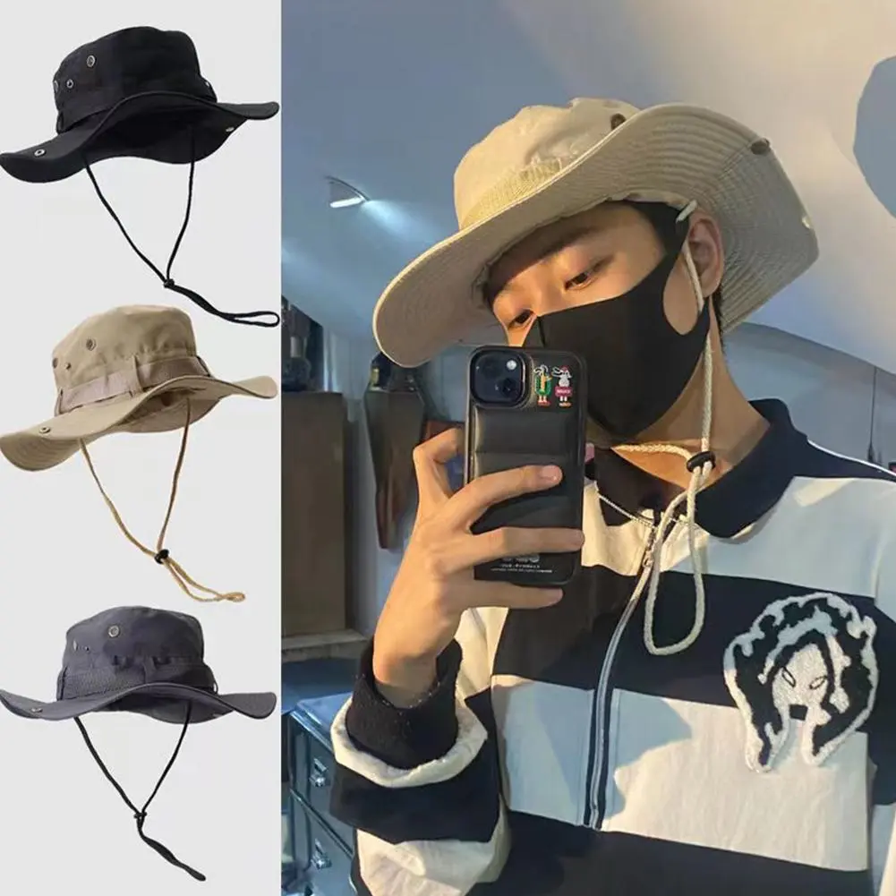 Summer Men Bucket Hat Outdoor UV Protection Wide Brim Panama Safari Hunting Hiking Hat Mesh Fisherman Hat Beach Sunscreen Cap