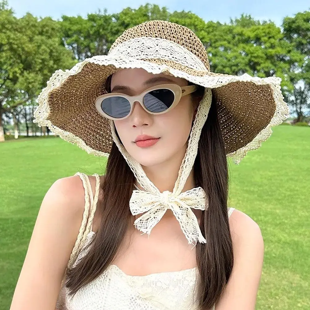 Sweet Lace Sun Hat Women Summer Hollow Straw Hat Outdoor Travel Sun Cap Beach Sunscreen Hat Sweet Fisherman's Cap