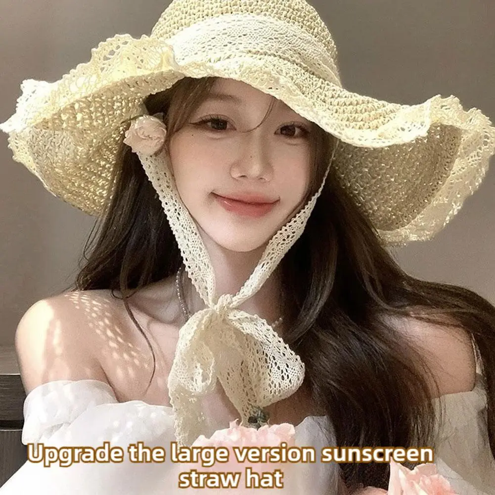 Sweet Lace Sun Hat Women Summer Hollow Straw Hat Outdoor Travel Sun Cap Beach Sunscreen Hat Sweet Fisherman's Cap