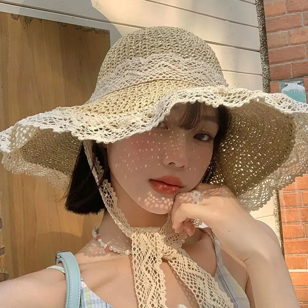 Sweet Lace Sun Hat Women Summer Hollow Straw Hat Outdoor Travel Sun Cap Beach Sunscreen Hat Sweet Fisherman's Cap