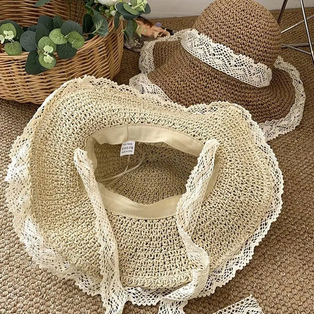 Sweet Lace Sun Hat Women Summer Hollow Straw Hat Outdoor Travel Sun Cap Beach Sunscreen Hat Sweet Fisherman's Cap