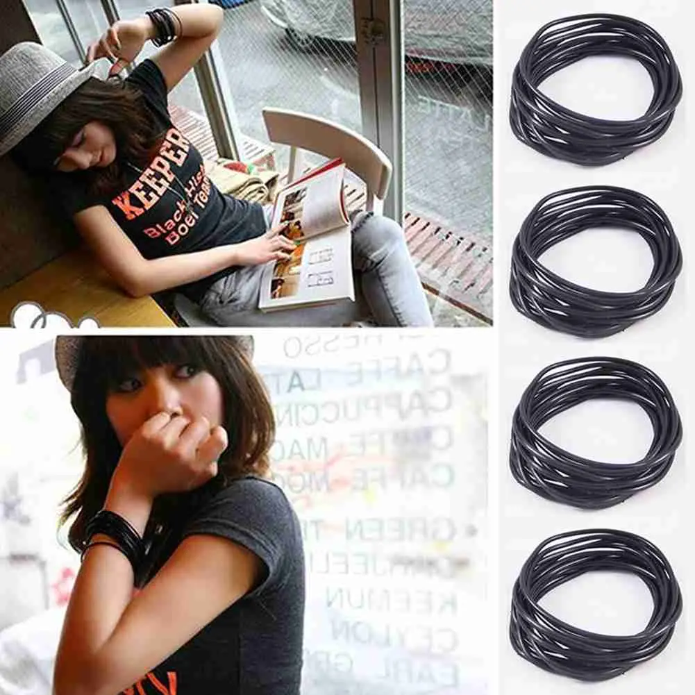 10pcs Black Silicone Thin Bracelets Sports Fashion Wristband Rubber Rings Hair Rings Rubber Bands Men Women Accessories