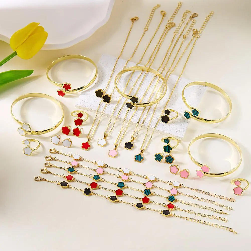 1Set Jewelry Stainless Steel Five Leaf Clover 316L Bracelets For Women Elegance French Niche Necklaces Bracelets Earrings