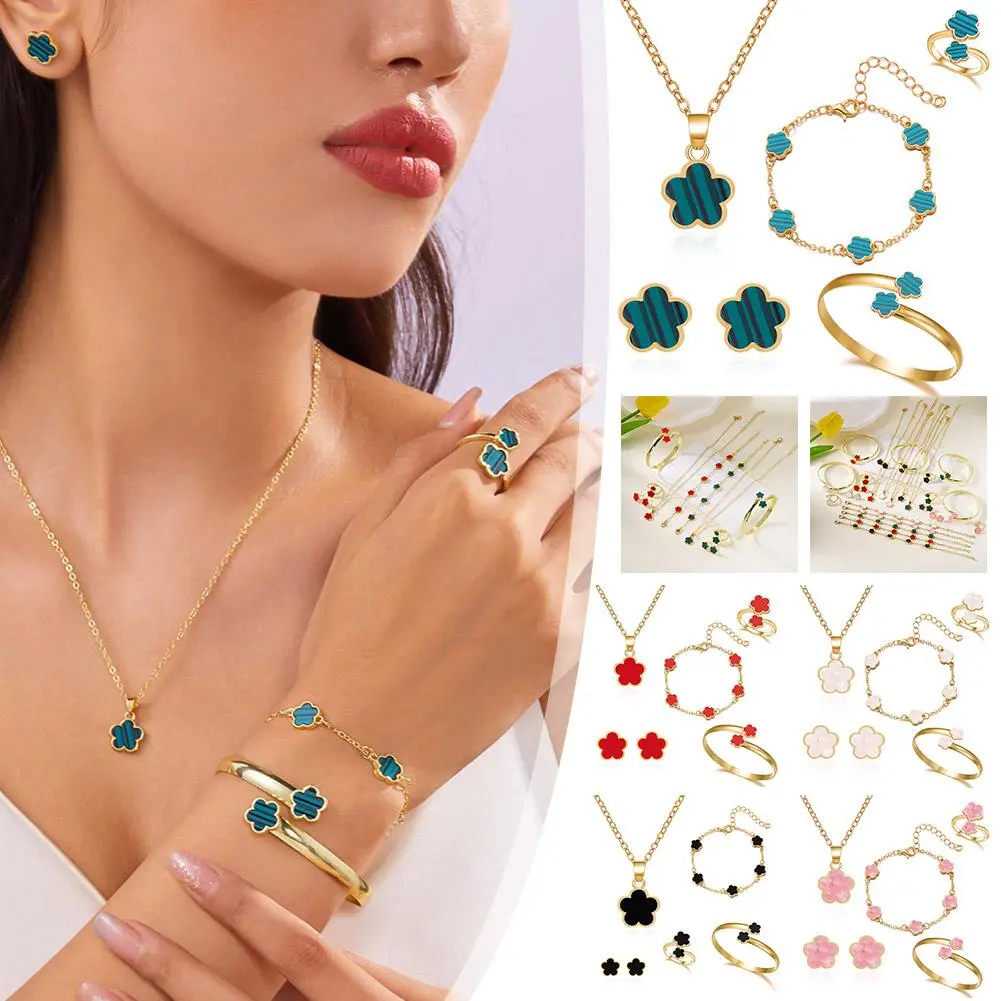 1Set Jewelry Stainless Steel Five Leaf Clover 316L Bracelets For Women Elegance French Niche Necklaces Bracelets Earrings