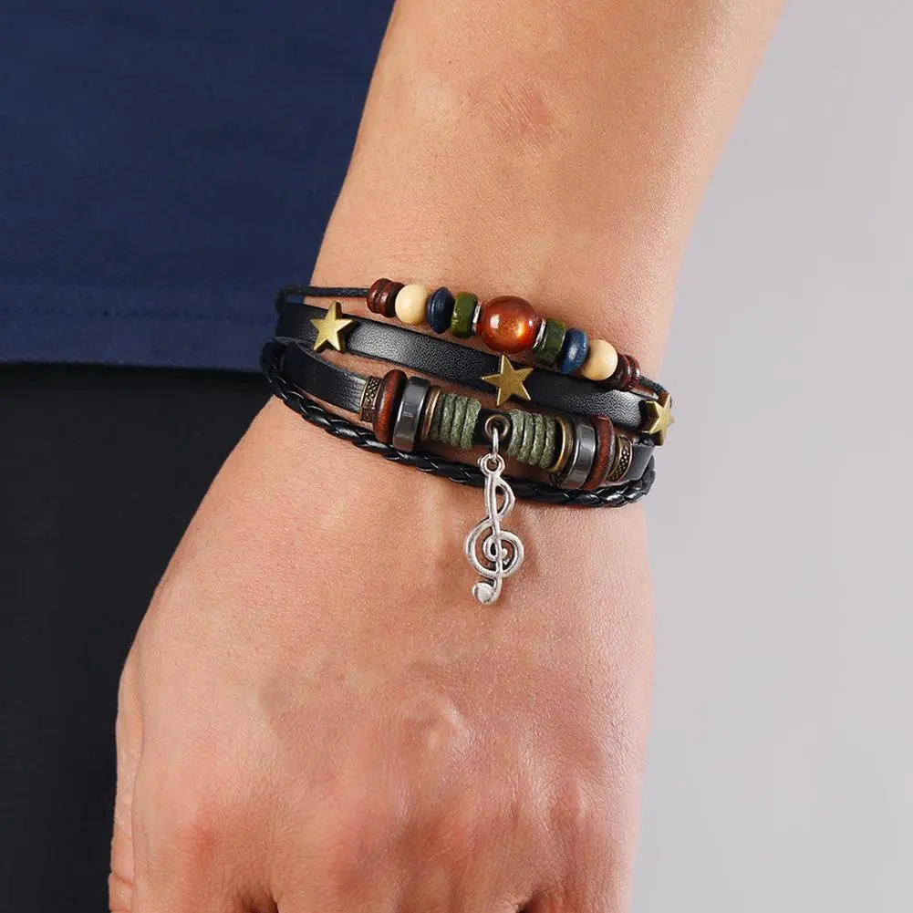High-end Men And Women Beads Leather Bracelet Vintage Bracelet Bracele Bracelet Star Note Bracelet Musical Adjustable Multi F9J3