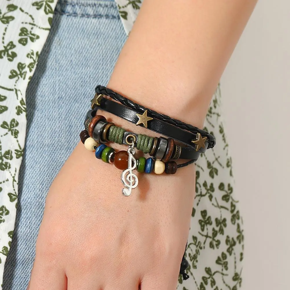 High-end Men And Women Beads Leather Bracelet Vintage Bracelet Bracele Bracelet Star Note Bracelet Musical Adjustable Multi F9J3